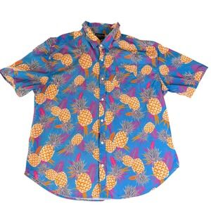 Canyon Creek Mens 2X Blue Pineapple Tropical Print Cotton Short Sleeve Shirt